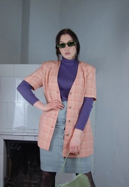 Vintage 70's pastel retro checkered long blazer jacket pink
