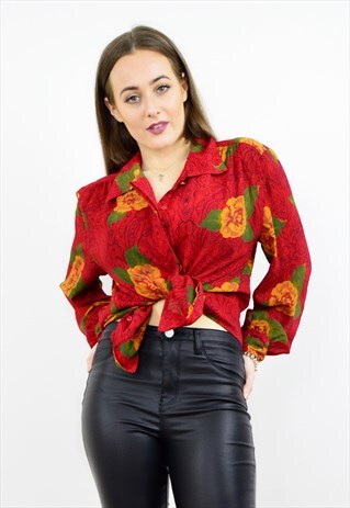 VINTAGE 90S RED PAISLEY FLORAL CHIFFON SHIRT BLOUSE