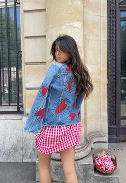 Bowsdontcry denim jacket with red hearts