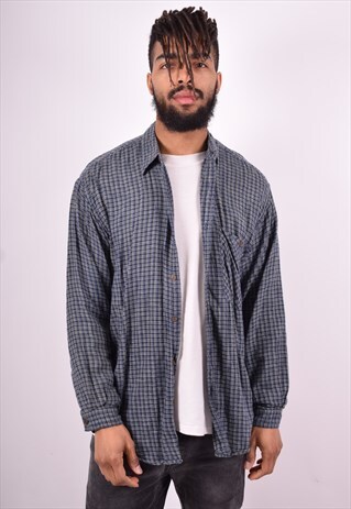 MENS VINTAGE SHIRT LARGE BLUE CHECK 90'S