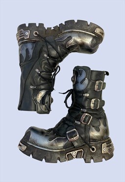 Grunge Boots Black Flame Leather Chunky Punk