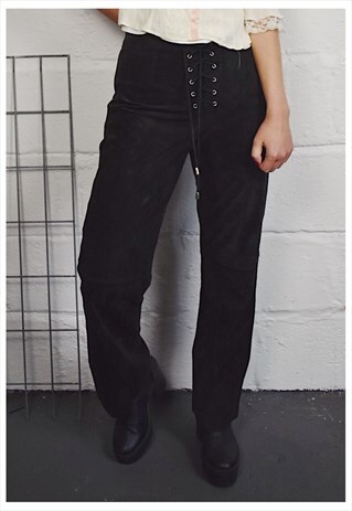 VINTAGE 90S Y2K LEATHER TROUSERS SUEDE LACE UP