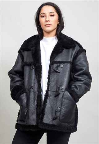 VINTAGE PREMIUM 90'S BLACK LEATHER/ SHEEPSKIN COAT