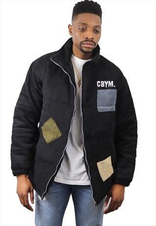 BLACK CORDUROY QUILTED PUFFER JACKET, WITH CORD PATCHES