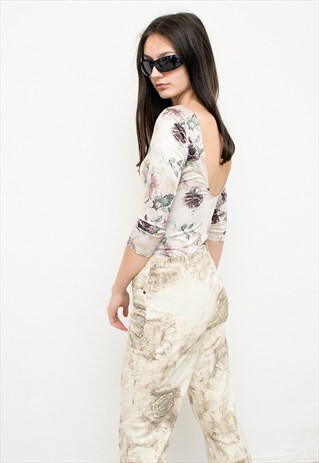 VINTAGE LIGHT GREEN BODY ROSE PEONY FLORAL PRINT ROMANTIC