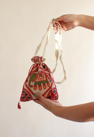 CREAM PINK MULTI ELEPHANT HAND EMBROIDERY MINI BAG