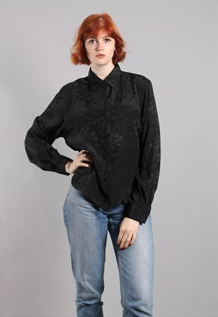 VINTAGE 90S BLACK TEXTURED SATIN FLORAL BLOUSE