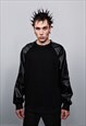 FAUX LEATHER SLEEVES SWEATSHIRT GOTHIC TOP PUNK JUMPER BLACK