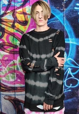 Tie-dye graffiti jumper 2 layer grunge long t-shirt in black