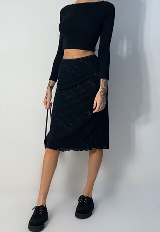 VINTAGE 90S Y2K BLACK LETTUCE HEM SKIRT WITH GLITTER DETAIL