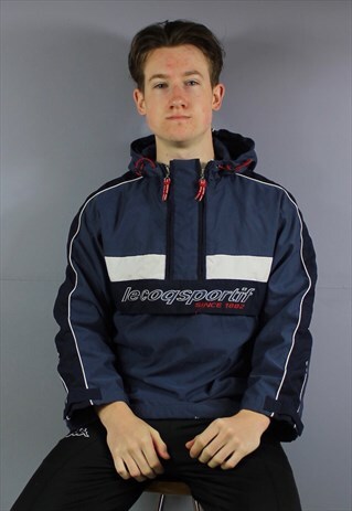 VINTAGE LE COQ SPORTIF 1/4 ZIP HOODED WINDBREAKER JACKET IN