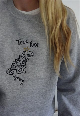 TREE REX DINOSAUR EMBROIDERED GREY CHRISTMAS JUMPER