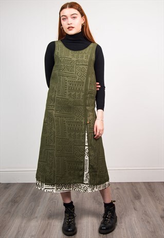 VINTAGE 90'S GREEN SHEER AZTEC PATTERN SLEEVELESS MIDI DRESS