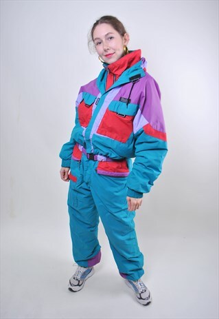 80S MULTICOLOR WOMAN SKI SUIT, ONE PIECE RETRO SNOW SUIT