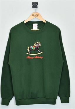 Vintage Happy Holidays Christmas Sweatshirt Green Medium