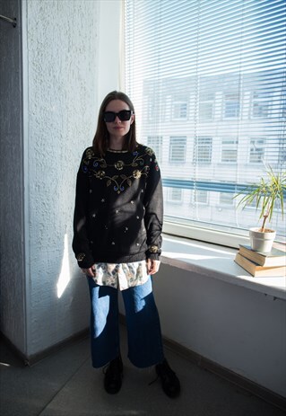 VINTAGE 80'S BLACK KNITTED BEADED JUMPER