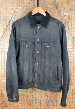 Fleece Lined Denim Jacket in Black w Cord Collar