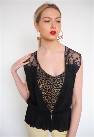 VINTAGE BLACK PLEATED LACE INSERT BLOUSE