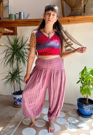 VINTAGE 90'S PINK HIPPIE STRIPE LOOSE TROUSERS - M/L