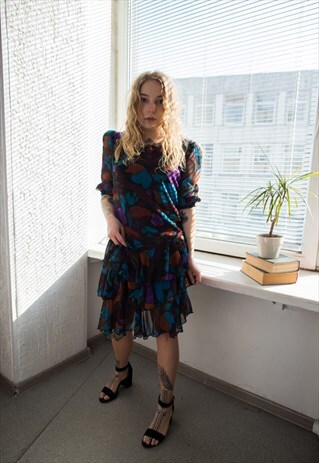 VINTAGE 60'S BLACK ABSTRACT PRINT MIDI SHORT SLEEVED DRESS