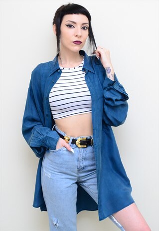 VINTAGE 90'S GENUINE SILK TRUE BLUE OVERSIZED SHIRT
