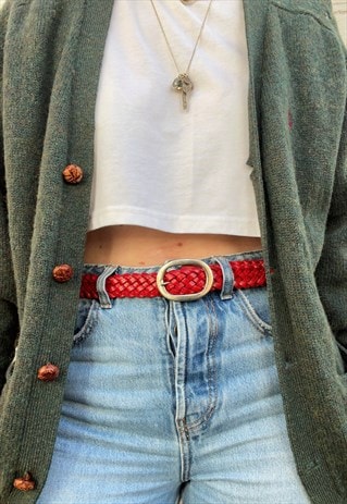 Tightly Woven Red Leather Jeans Trouser Belt
