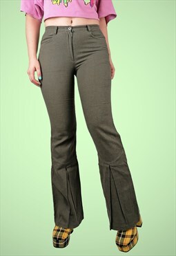 Y2K Linen Pants Low Waist Flare Leg Dark Olive Green - size 