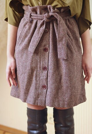 BROWN HERRINGBONE WOOL SKIRT