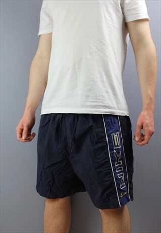 VINTAGE NIKE SHORTS IN NAVY WITH PRINTED LOGO, POCKETS, DRAW