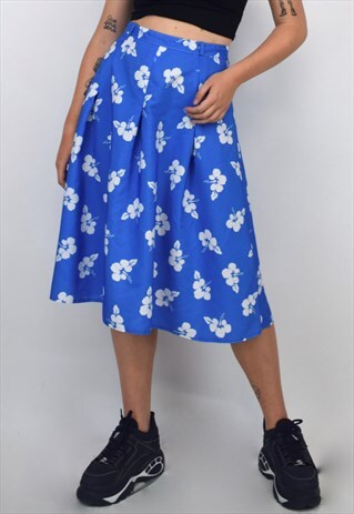 VINTAGE 80S BLUE & WHITE FLORAL A-LINE SKIRT