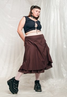 Vintage Skirt Y2K Ruched Midi in Brown Cotton