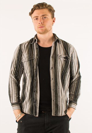 VINTAGE WHITE BROWN STRIPED CORDUROY SHIRT