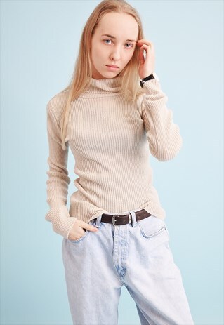 90'S RETRO NEUTRAL RIBBED KNIT TURTLENECK TEEN JUMPER TOP
