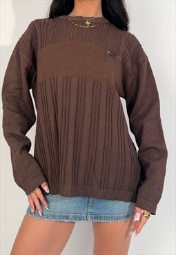 Unisex Vintage 90s Fila Brown Ribbed Knit Crew Neck Jumper