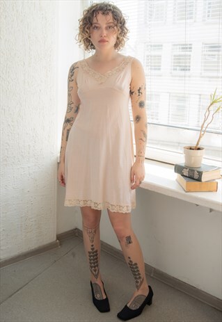 VINTAGE 70'S BEIGE MINI SLIP DRESS