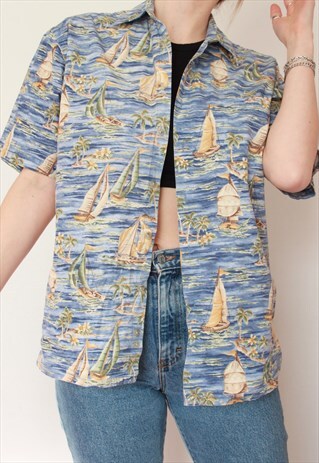 VINTAGE 90S ABSTRACT BOAT SEA OVERSIZED PATTERN SHIRT