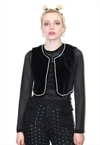 VINTAGE 80S VELVET PUNK GRUNGE BOHO CROPPED WAISTCOAT