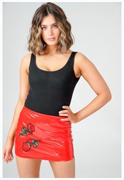 Red PVC Rose Embroidered High Waist Wet Look Short Skirt