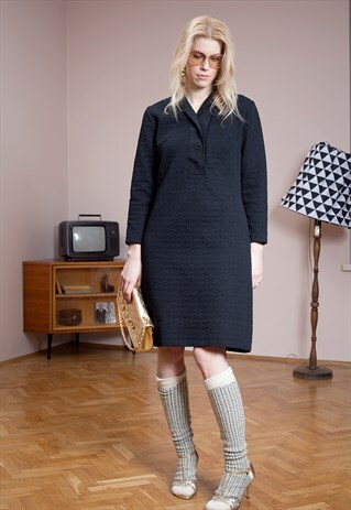 BAYER VINTAGE COLLARED POLYESTER BLACK MINI DRESS