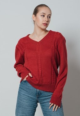 Vintage Preppy Fitted Cable Knit Wool Women Sweater in Red M