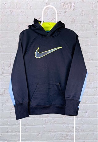 VINTAGE NIKE HOODIE BLACK BLUE BIG SWOOSH WOMEN'S LARGE