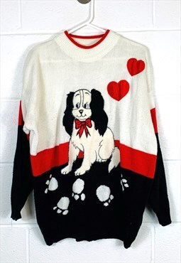 Vintage Knitted Jumper Cute Dog and Heart Patterned