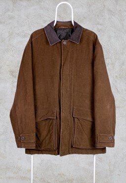 Vintage M&S Chore Work Jacket Wool Brown Leather Collar XL