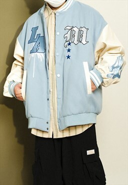 Blue LA oversized Varsity Embroidered baseball jacket Y2k