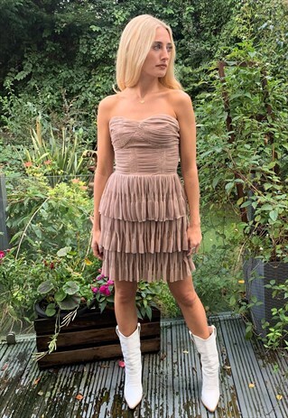 NUDE TIERED BANDEAU DRESS