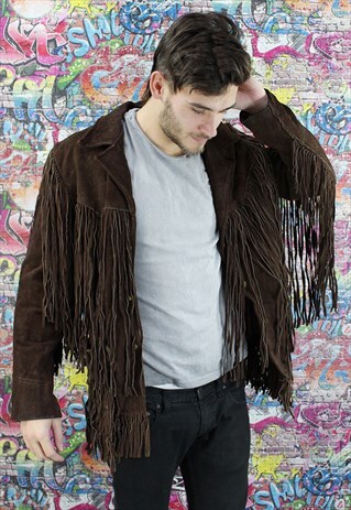 VINTAGE 70S BROWN SUEDE TASSEL FRINGED JACKET. OVERSIZED.