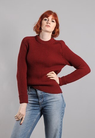 VINTAGE 80S RED CHUNKY RIBBED KNIT WOOL JUMPER