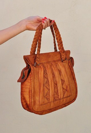 VINTAGE TETUAN TOOLED & EMBOSSED BROWN LEATHER BOHO BAG