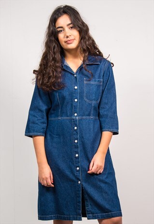 VINTAGE 90'S DARK BLUE DENIM SHORT SLEEVE COLLAR DRESS