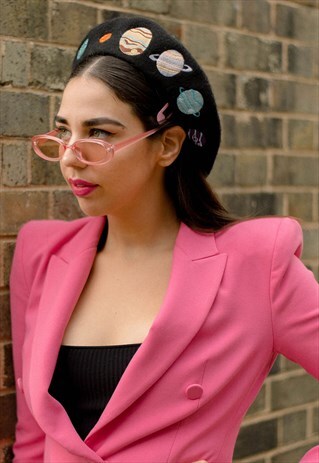 BLACK BERET WITH SOLAR SYSTEM SPACE EMBROIDERY